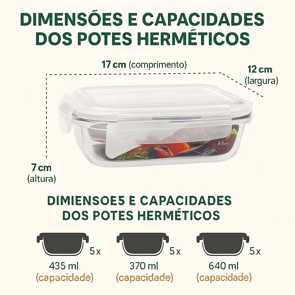 Kit de 15 Potes Herméticos de Vidro a Vácuo + BRINDE: 10 Copos Vidro Aruba