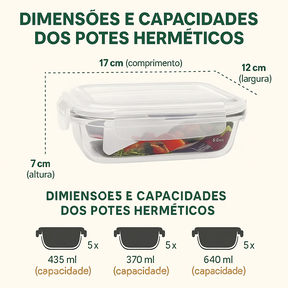 Kit de 15 Potes Herméticos de Vidro a Vácuo + BRINDE: 10 Copos Vidro Aruba