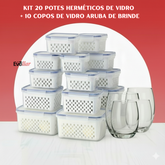 Kit de 20 Potes Herméticos de Vidro + BRINDE: 10 Copos de Vidro Aruba