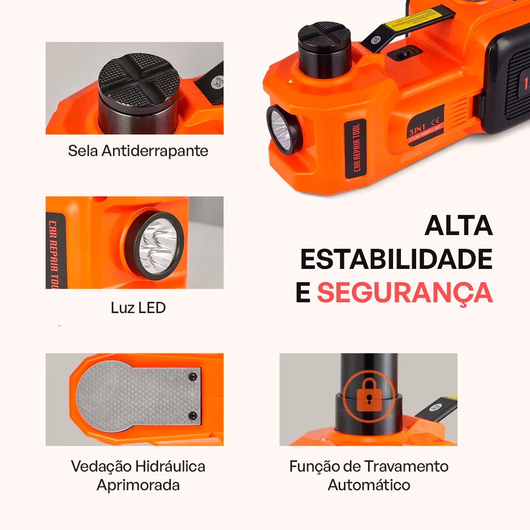 Kit AutoCar 3 em 1 - Macaco Elétrico, Compressor de Ar e Chave Impacto + BRINDE: Pistola Universal