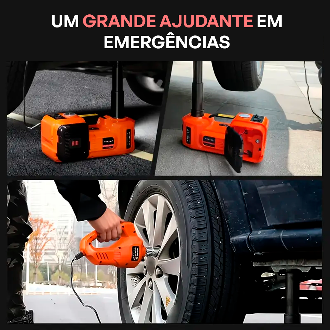 Kit AutoCar 3 em 1 - Macaco Elétrico, Compressor de Ar e Chave Impacto + BRINDE: Pistola Universal