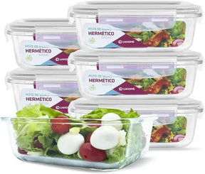 Kit de 15 Potes Herméticos de Vidro a Vácuo + BRINDE: 10 Copos Vidro Aruba