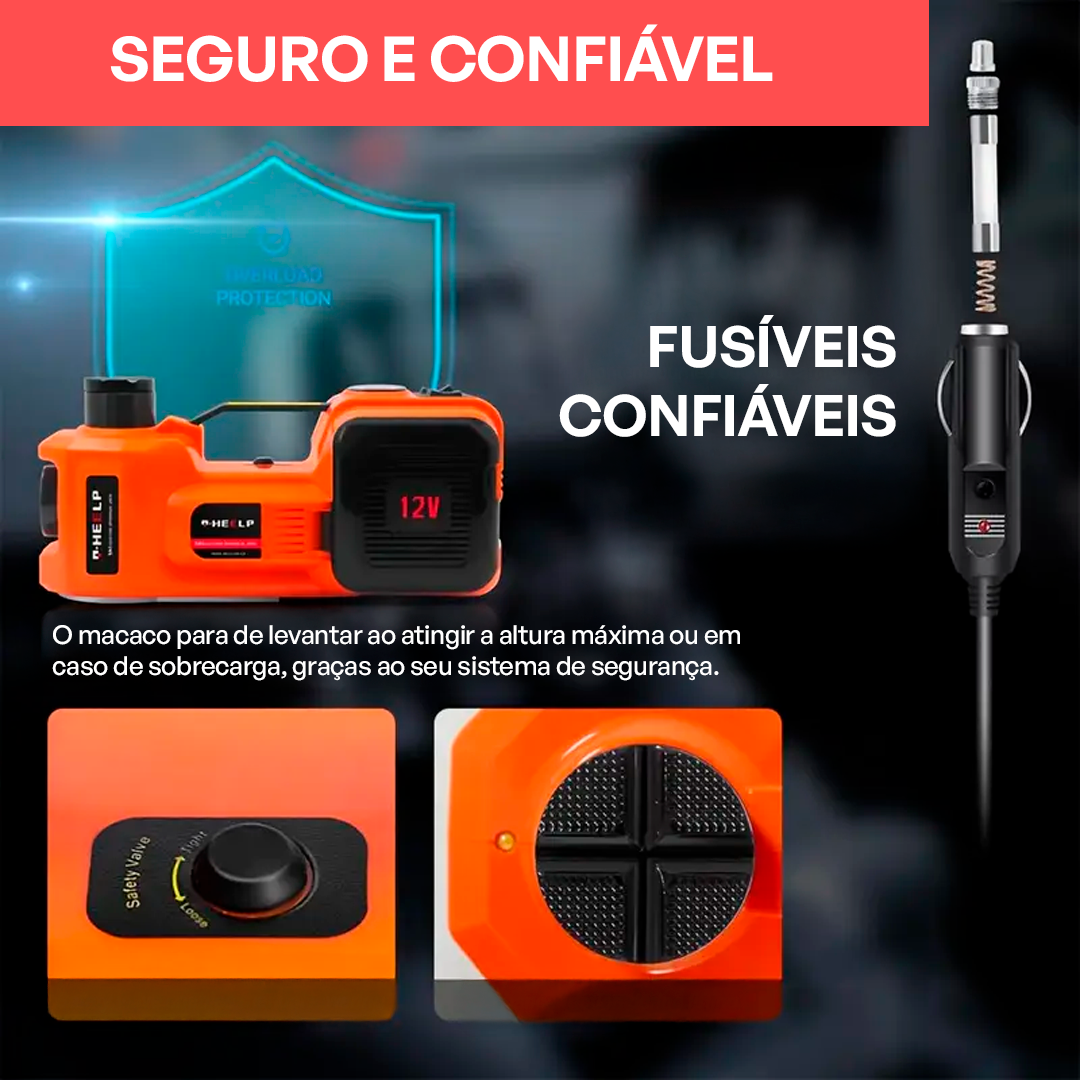 Kit AutoCar 3 em 1 - Macaco Elétrico, Compressor de Ar e Chave Impacto + BRINDE: Pistola Universal