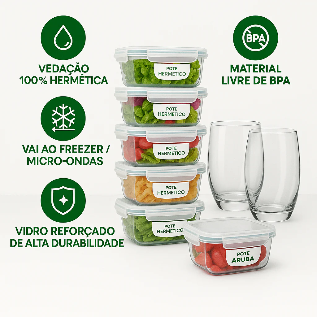Kit de 15 Potes Herméticos de Vidro a Vácuo + BRINDE: 10 Copos Vidro Aruba