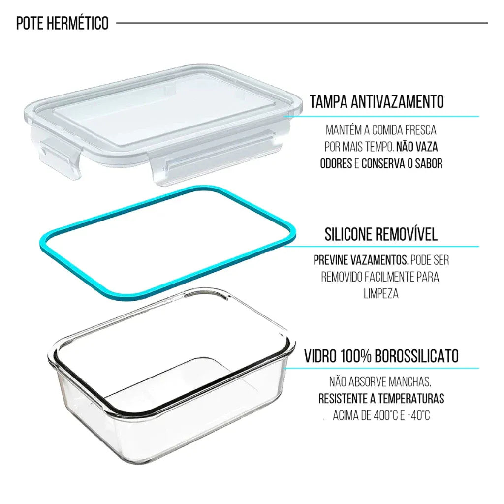 Kit de 15 Potes Herméticos de Vidro a Vácuo + BRINDE: 10 Copos Vidro Aruba