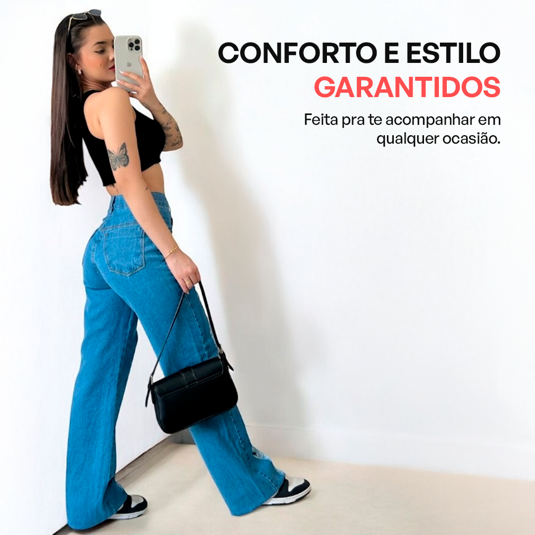Kit 3 Calças Jeans Wide Leg 100% Algodão + Cintura Alta Que Modela e Realça Suas Curvas