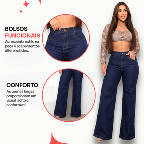 Kit 3 Calças Jeans Wide Leg 100% Algodão + Cintura Alta Que Modela e Realça Suas Curvas